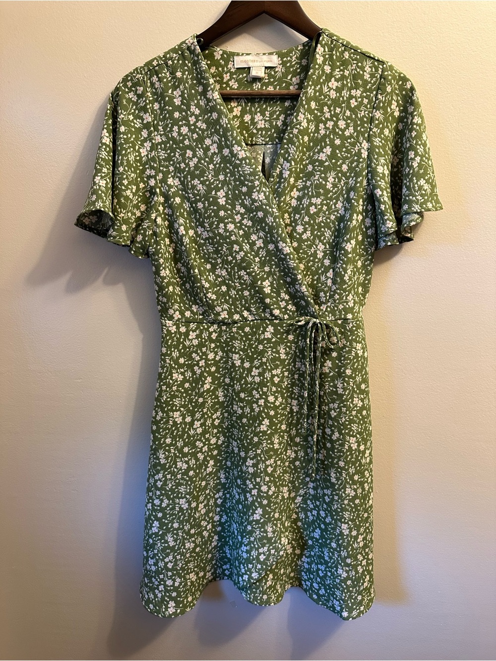 #340 Monteau Green Floral Wrap-Style Mini Dress